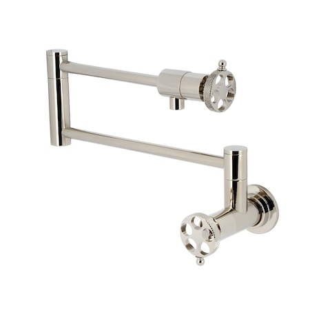Kingston Brass Wall Mount Pot Filler Faucet with Knurled Handle, Polished Nickel KS4106RKX