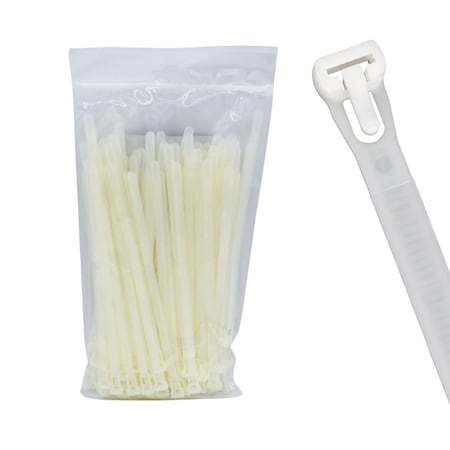 Cable Ties Unlimited Releasable Cable Tie, 8 in L, 50 lb Strength, 2.2 in Max Bundle Dia, Nylon 6/6, Natural, 100PK RT8-50-9C-.30