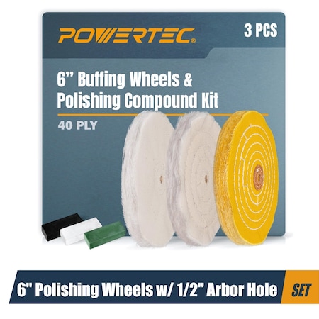 Powertec Buffing Wheels 6" Kit with 3pcs Polishing Compound Set, 1/2" Arbor Hole 71631