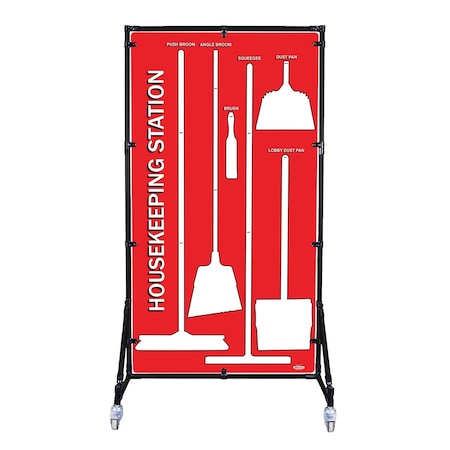 5S Supplies Housekeeping Shadow Board Broom Station V3, Red / White Shadows, Kit + Stand HSB-V3-RED/WHITE-KIT-STAND