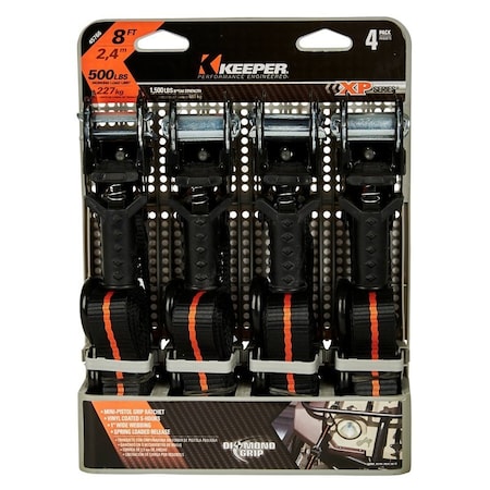 Keeper Tie-Down, 1 in W, 8 ft L, 500 lb Working Load, S-Hook End, 4/PK 45766