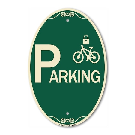 Signmission Parking With Cycle and Lock Symbol, 12 Inch X 18 Inch Architectural Oval, Heavy Gauge Aluminum A-OV-G-1218-24625