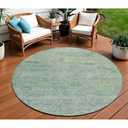 Homeroots 8' Teal Blue And Linen Round Oriental Washable Indoor Outdoor Area Rug 631139