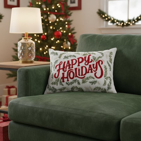 Homeroots 14" X 20" Ivory Red And Green Cotton Happy Holidays Throw Pillow With Embroidery 719252