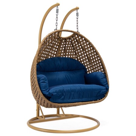 Leisuremod Mendoza Light Brown Wicker Hanging 2 person Egg Swing Chair with Blue Cushions MSCLBR-53BU