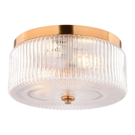 Vaxcel Riverside 2-Light Drum Flush Mount Ceiling Light, Muted Brass, Clear Ribbed Glass C0366