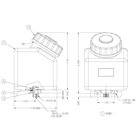 Oil-Rite Reservoir Polycarb Square 1 Qt 5/8-18 Remote Mount w/Brass Shank & Nut, w/Enlarged Mounting Holes YB4221-1