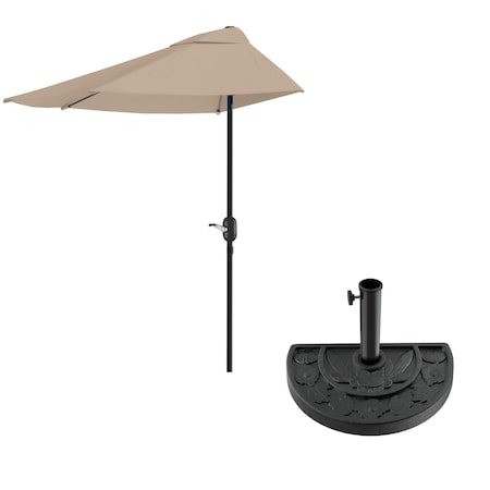 Pure Garden 9 ft Half Patio Umbrella with 20lb Base and Beige Outdoor Canopy Shade 83-OUT5461B
