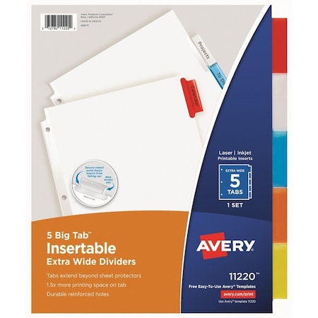 Avery Dennison Avery WorkSaver Extra Wide Big Tab Divider, Blank, 9"x11", 5 Tabs, White/Multicolor 11220