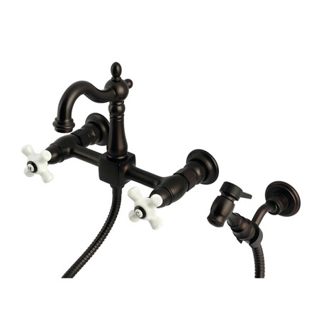 Kingston Brass Two-Handle Wall Mount Bridge Kitchen Faucet with Brass Sprayer, Oil Rubbed Bronze KS2445PXBS