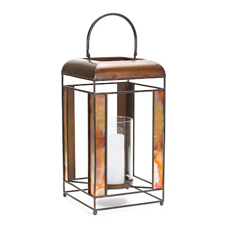 Homeroots 17" Bronze Distressed Geometric Metal And Glass Tabletop Lantern Candle Holder 516465