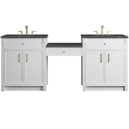 James Martin Vanities Bellshire 84" Dual Vanity Set w/24" Make-Up Counter, Bright White w/3 cm Parisien Bleu Silestone Top 660-VMC84-BW-3PBL