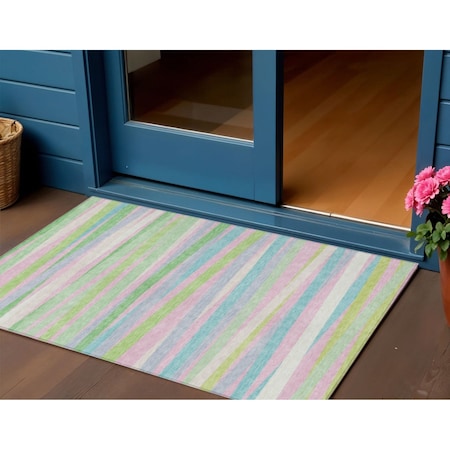 Homeroots 3' X 5' Mint Green Pink And Blue Striped Washable Indoor Outdoor Area Rug 597337
