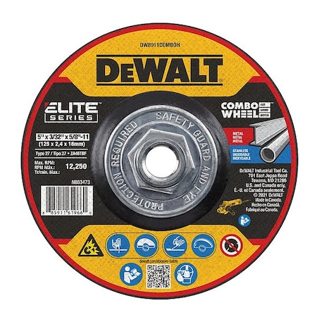Dewalt Depressed Center Cut-Off Wheel, Type 27, 5 in Dia, 0.093 in Thick, 5/8"-11 Arbor Hole Size, Ceramic DW8911ComboH
