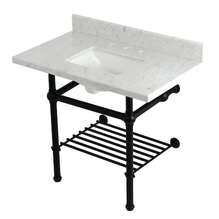 Kingston Brass 36-Inch Carrara Marble Console Sink with Brass Legs and Shelf, 8-Inch, 3-Hole KVPB3630MBSQB0