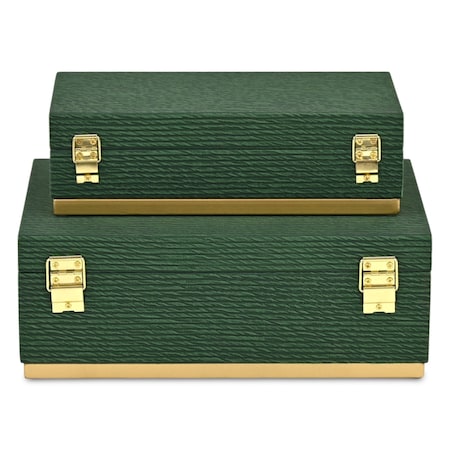 Homeroots Set of Two Green And Gold Striped Nesting Storage Boxes With Lids, 2PK 712924