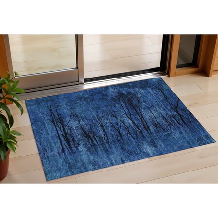 Homeroots 3' X 5' Blue And Charcoal Floral Washable Indoor Outdoor Area Rug 631011