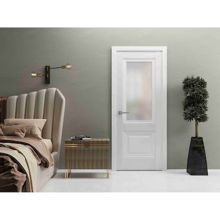 Sartodoors Solid French Door 18 x 80in, White Silk W/ Frosted Glass, Single Regular Panel Frame Trims Handle LUCIA8822ID-WS-18
