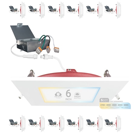 Nuwatt 6 Inch 2 Hour Square Fire Rated Recessed Lighting, Slim Wafer LED Lights 2700K-5000K, 1200LM, 12PK NW-P-SQDL-6-15W-5CT-FR-WH-12P