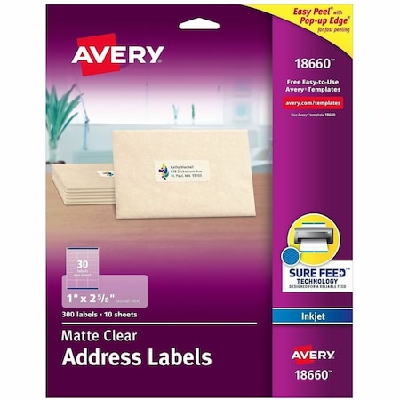 Avery Easy Peel Inkjet Mailing Labels, 1 x 2-5/8, Clear, 300/Pack 18660