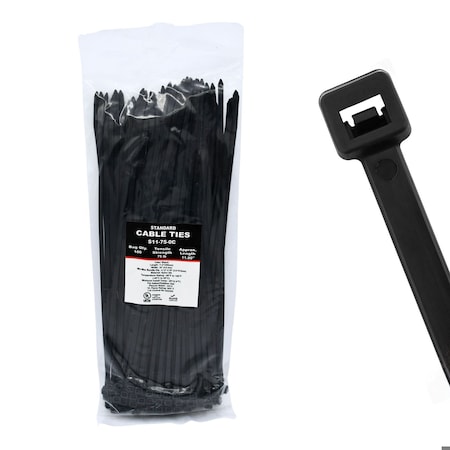 Cable Ties Unlimited Cable Tie, 11 in L, 75 lb Strength, 3.2 in Max Bundle Dia, Nylon 6/6, UV Resistant, Black, 100PK S11-75-0C