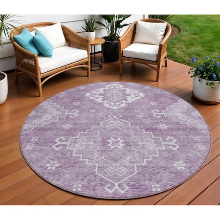 Homeroots 8' Lavender Plum And Ivory Round Medallion Washable Indoor Outdoor Area Rug 589046