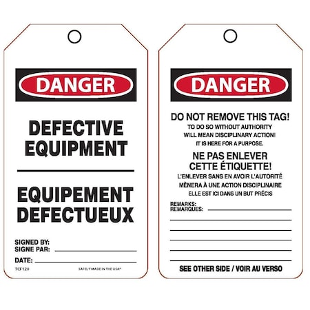 Accuform French Bilingual Safety Tags, DANGER DEFECTIVE EQUIPMENT, 5.75in x 3.25in, RP-Plastic, 5PK TCF120PTM