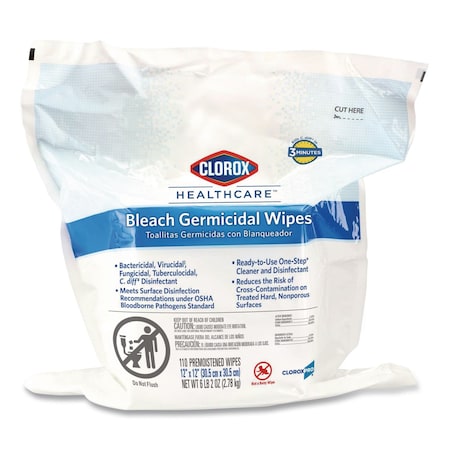 Clorox Bleach Germicidal Wipes, Refill for Bucket, 1-Ply, 12 x 12, Unscented, White, 110 Wipes 10044600303595