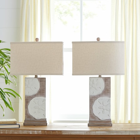 Homeroots Set of Two 28" Brown And White Coastal Sand Dollar USB Table Lamp With Tan Shade 571293