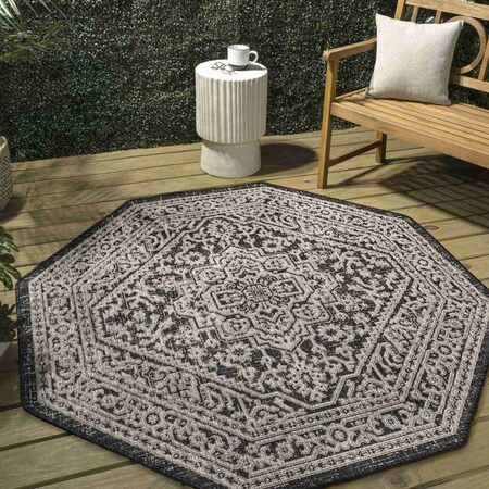 Jonathan Y Sinjuri Medallion Textured Weave Gray/Black 5 ft Octagon Indoor/Outdoor Area Rug SMB101D-5TGN
