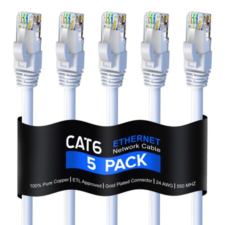 Maximm 25ft Cat6 Round LAN Patch Cable, 5PK, White, 5PK CAT625FT5PKWhite