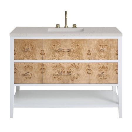 James Martin Vanities Olena 48" Single Vanity, Light Mappa Burl and Polished White, w/ 3 CM Siberian Silestone Top D804-V48-LMB-3SFR