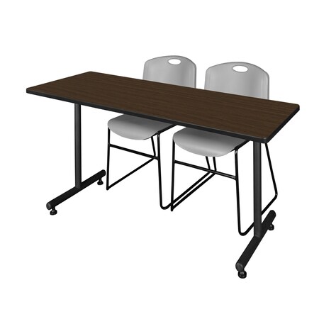 Regency Kobe T-Base Training Seminar Table W/ 2 Zeng Stack Chairs, 66 in W, 24 in L, Neo Walnut MKTRCT6624NW44GY