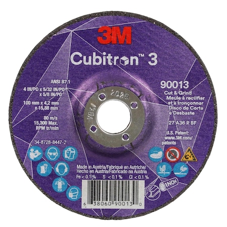 3M Cubitron Abrasive Cut-Off Wheel, Type 27, 100 mm Dia, 0.156 in Thick, Precision Shaped Ceramic, 36+ Grit 90013