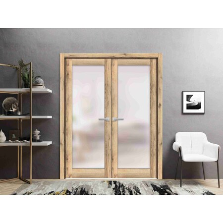 Sartodoors Solid French Double Doors Frosted Glass Planum 2102 Oak 60x96 (2* 30x96) Solid Core Modern Interior PLANUM2102DD-DUB-6096