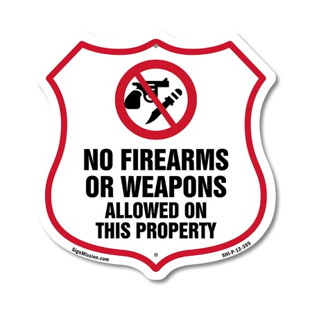 Signmission No Guns Shield Sign No Firearms Or Weapo, 12 Inch X 12 Inch, Plastic Sign SHI-P-12-395