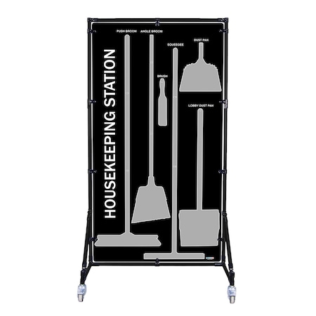 5S Supplies 5S Housekeeping Shadow Board Broom Station Version 3 - Black Board / Gray Shadows  With Broom HSB-V3-BLACK/GRAY-KIT