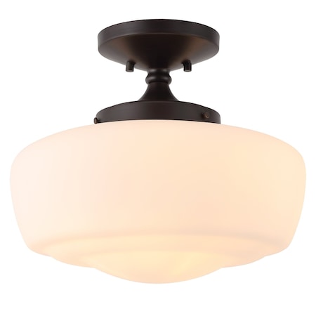 Jonathan Y Marfa 14" 1-Light Modern Farmhouse Schoolhouse Frosted Glass/Metal LED Semi Flush Mount, Oil Rubbed B JYL7517F