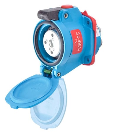 Meltric DSN20 RECEPTACLE POLY BLUE SIZE 1 TYPE 4X IP 69 3P+G 20 A 480 VAC 60 Hz NO AUX SELF-RETURNING LID 63-14043-NC