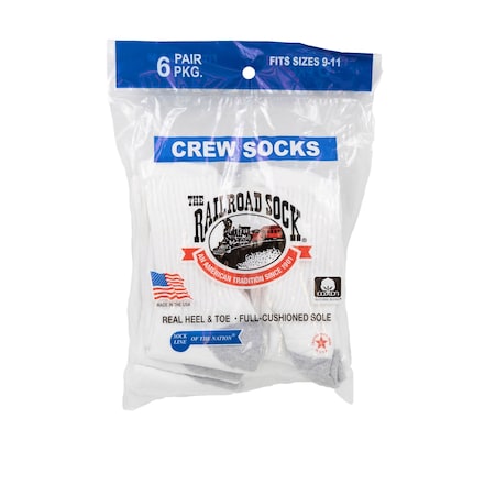 Railroad Sock Unisex Crew Socks, 85% Cotton, 15% Nylon, White/Grey, 5-10 W; 4 Pair-7.5 M, 6 PK 8090