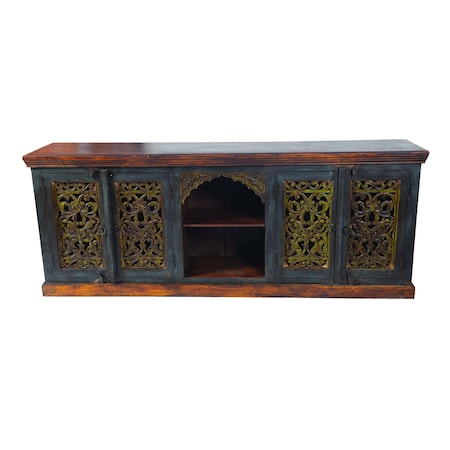 Homeroots 91in Brown Gray and Green Solid Wood Buffet Table with Two Doors 488606