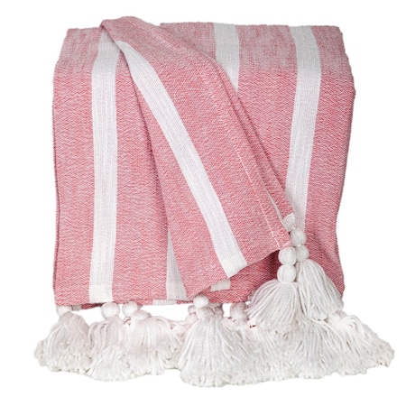 Homeroots 50" X 60" Pink and White Woven Cotton Striped Throw Blanket with Tassels 548930