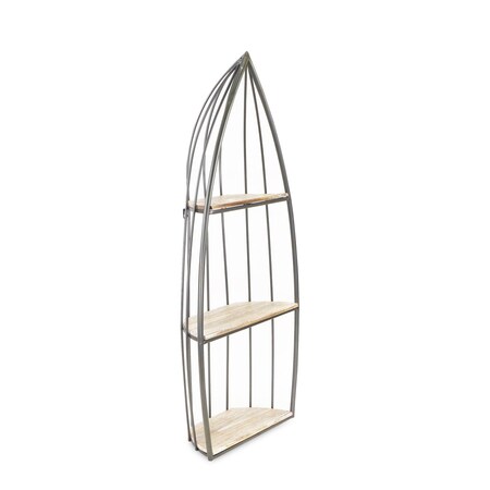 Homeroots 37" Gray And Natural Metal and Wood Boat Shaped Bookcase 489053