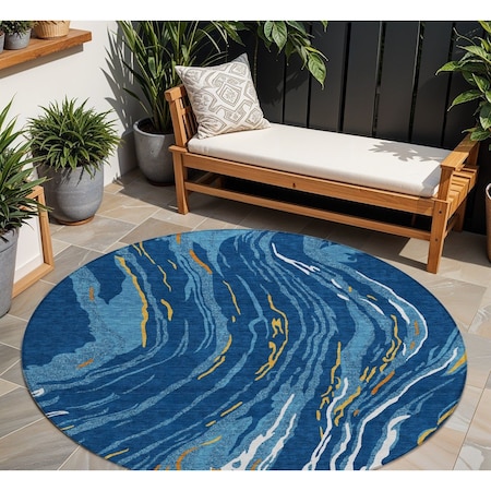 Homeroots 8' Navy Blue Gold And Copper Round Abstract Washable Indoor Outdoor Area Rug 600242