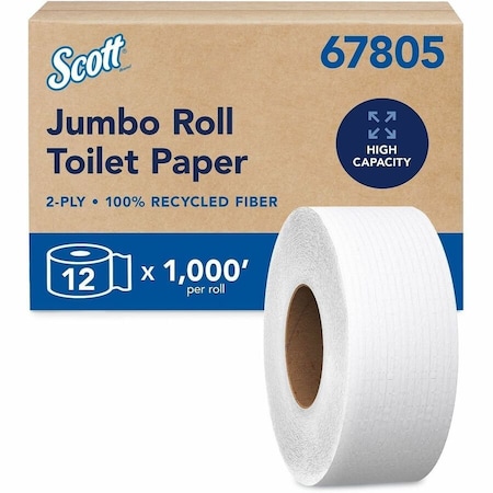 Scott Scott 100% Recycled Fiber Hi-Capacity Jumbo Roll Toilet Paper, Non-perforated, 1,000'/Roll, 12PK 67805