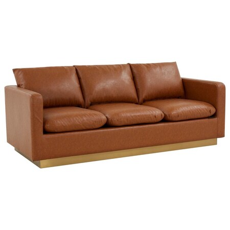 Leisuremod Nervo Upholstered Leather Sofa with Gold Frame, Cognac Tan NS83BR-L
