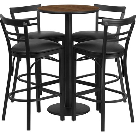 Flash Furniture Round Walnut Bar Tble, Rnd Base w/Blk Seats, 24", Laminate Top, Wood Grain RSRB1036-GG