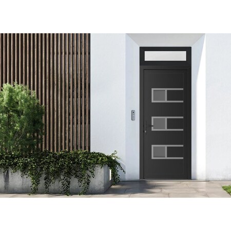 Vdomdoors Front Exterior Prehung Metal-Plastic Door, Manux 8933 Matte Black, Top Sidelite Transom, Office Com MANUX8933EXD-BLK-W32xH80+14-RH
