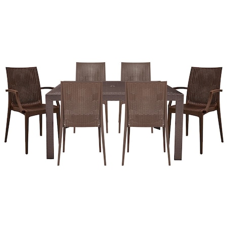 Leisuremod Mace Mid-Century 7-Piece Rectangular Outdoor Dining Set with 4 Side Chairs and 2 Armchairs, Brown MT55MC194A2BR
