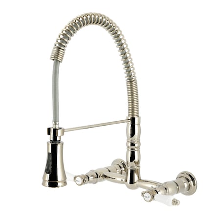 Kingston Brass Double-Handle Wall-Mount Pre-Rinse Bridge Kitchen Faucet, Polished Nickel GS1246BPL